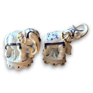 Vintage Blue and White Porcelain Elephant Figurines Pair Gold Trim Indonesia